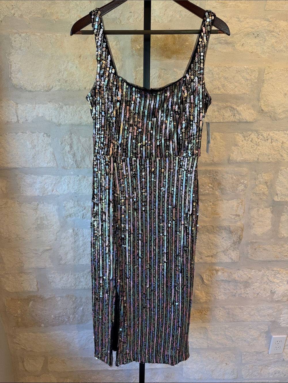 Donna Morgan Black Iridescent Sequin Midi Dress (Blue, Pink)